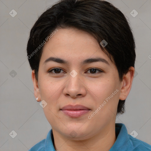 Joyful asian young-adult female with short  brown hair and brown eyes