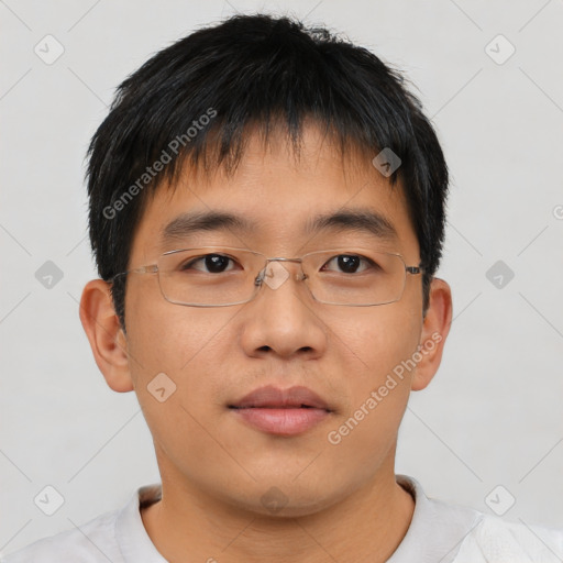 Neutral asian young-adult male with short  brown hair and brown eyes