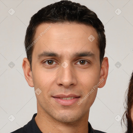 Neutral white young-adult male with short  brown hair and brown eyes