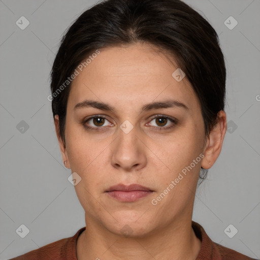 Neutral white young-adult female with short  brown hair and brown eyes