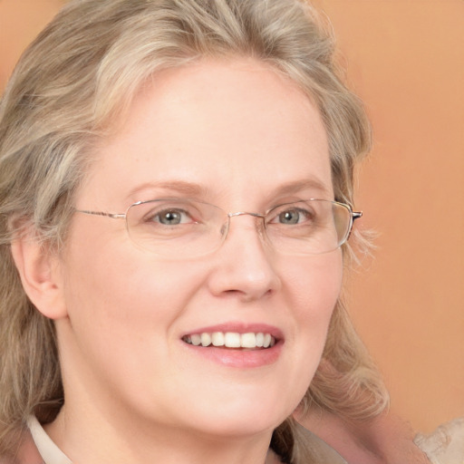 Joyful white adult female with medium  blond hair and blue eyes