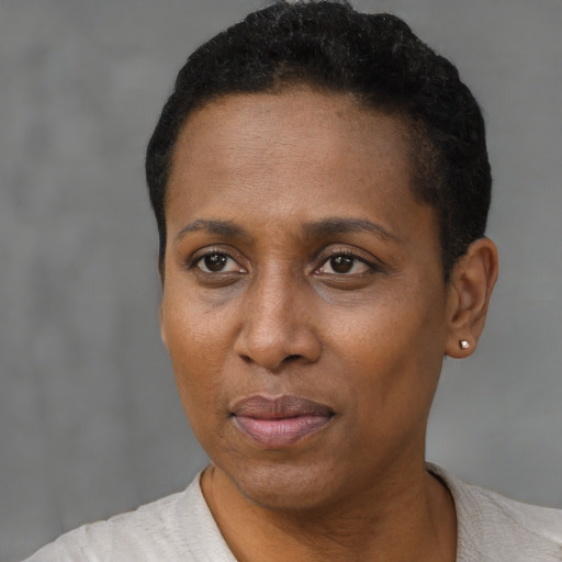 Joyful black adult female with short  black hair and brown eyes