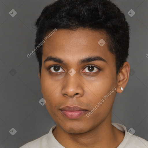 Neutral black young-adult male with short  black hair and brown eyes