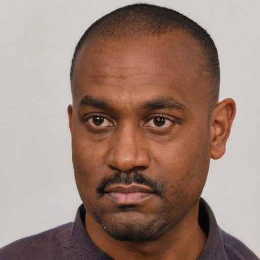 Neutral black adult male with short  black hair and brown eyes