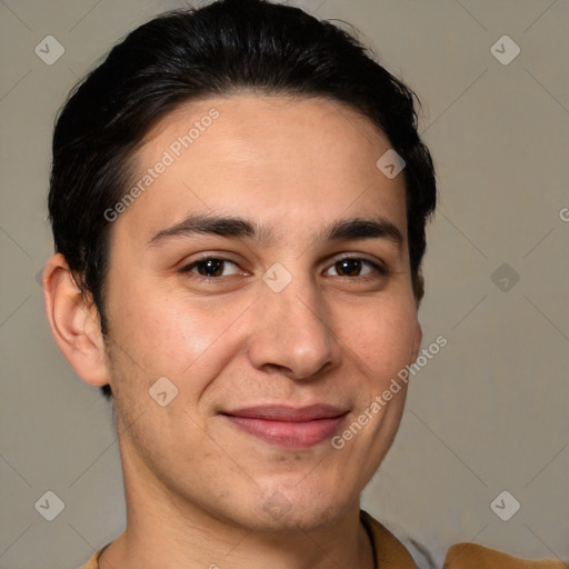 Joyful white adult male with short  brown hair and brown eyes