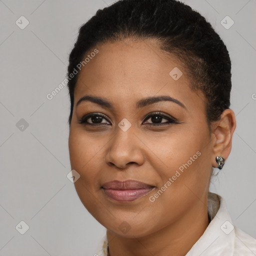 Joyful black young-adult female with short  brown hair and brown eyes