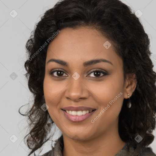 Joyful latino young-adult female with long  brown hair and brown eyes