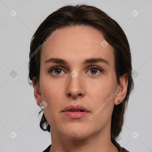 Neutral white young-adult female with medium  brown hair and brown eyes