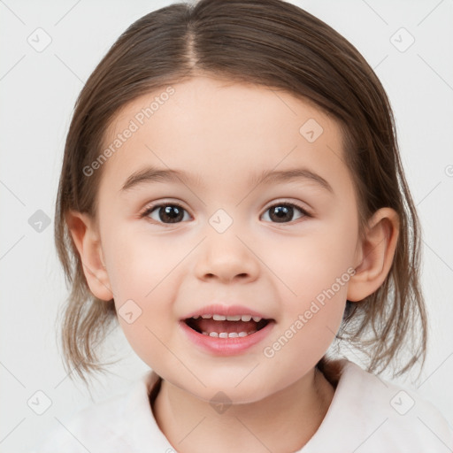 Joyful white child female with medium  brown hair and brown eyes