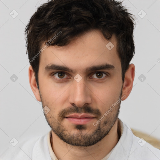 Neutral white young-adult male with short  brown hair and brown eyes