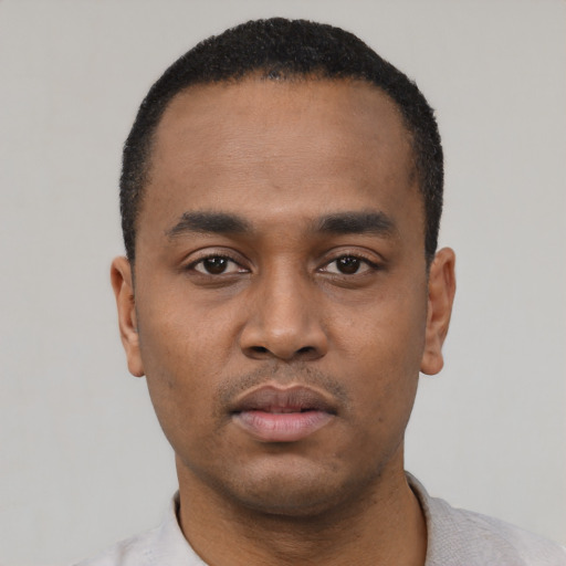 Neutral black young-adult male with short  black hair and brown eyes