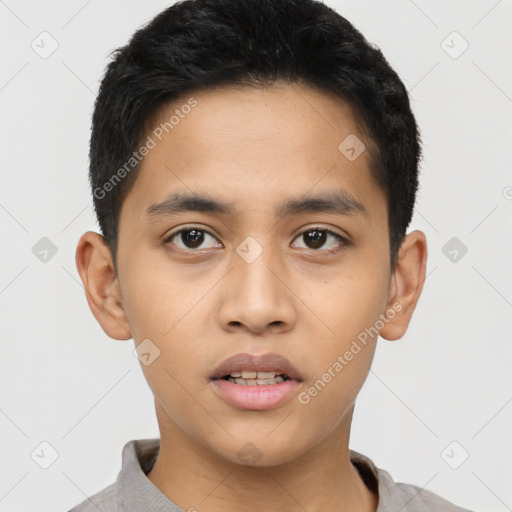 Neutral asian young-adult male with short  black hair and brown eyes