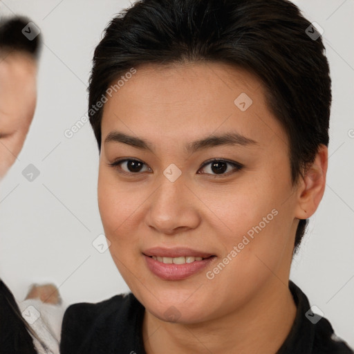 Joyful white young-adult female with short  brown hair and brown eyes