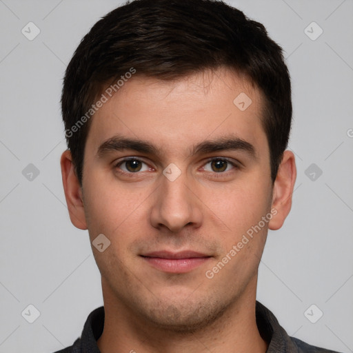 Neutral white young-adult male with short  brown hair and brown eyes