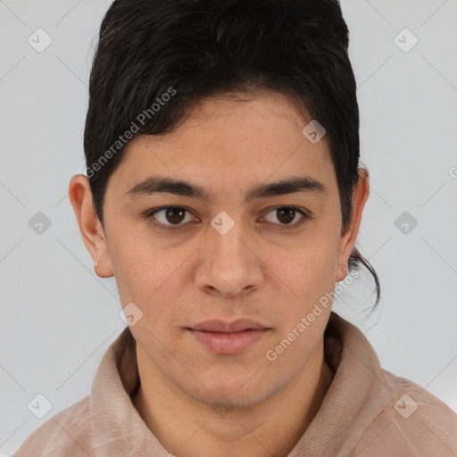 Joyful latino young-adult male with short  black hair and brown eyes