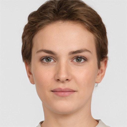 Neutral white young-adult female with short  brown hair and brown eyes