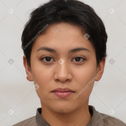 Neutral asian young-adult female with short  brown hair and brown eyes