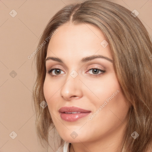 Neutral white young-adult female with long  brown hair and brown eyes