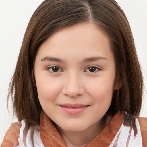 Joyful white child female with medium  brown hair and brown eyes