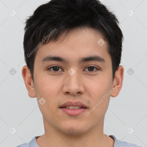 Neutral asian young-adult male with short  brown hair and brown eyes