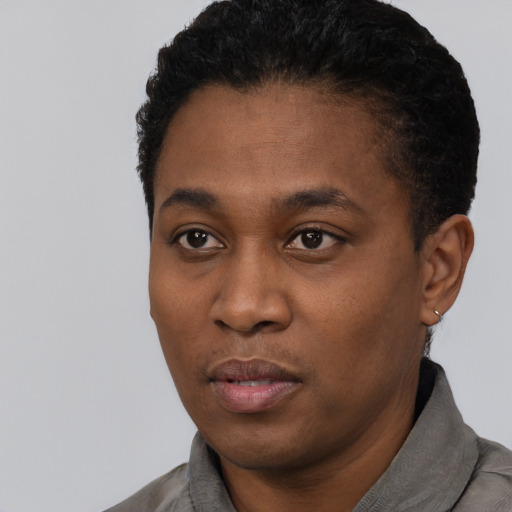 Neutral black young-adult male with short  black hair and brown eyes