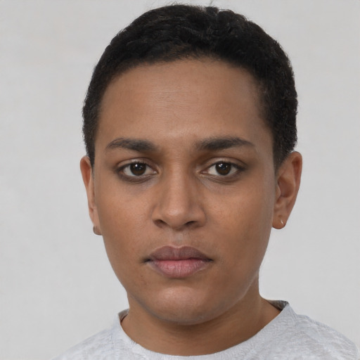 Neutral latino young-adult female with short  brown hair and brown eyes