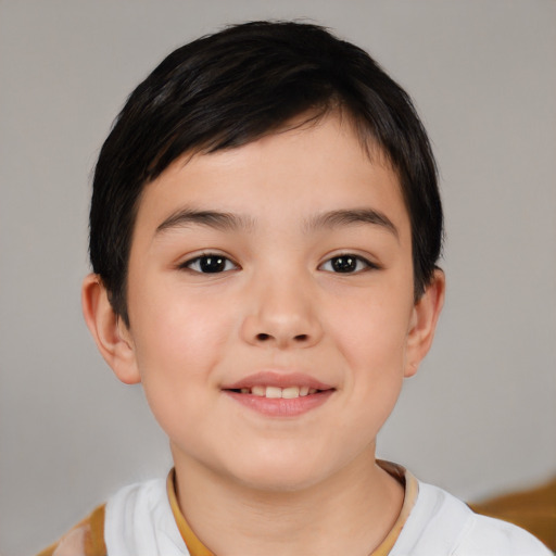 Joyful white child female with short  brown hair and brown eyes