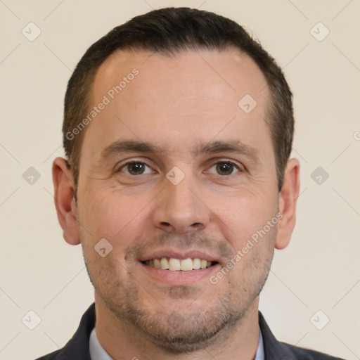 Joyful white adult male with short  brown hair and brown eyes