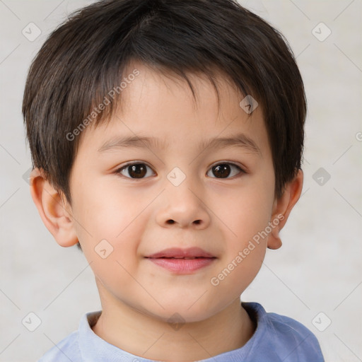 Joyful white child male with short  brown hair and brown eyes