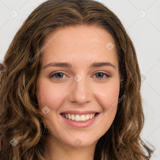 Joyful white young-adult female with long  brown hair and green eyes