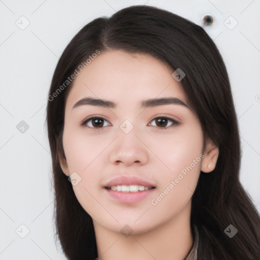 Joyful white young-adult female with long  black hair and brown eyes