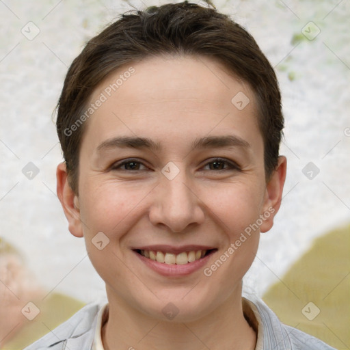 Joyful white young-adult female with short  brown hair and brown eyes