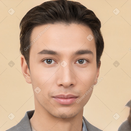 Neutral white young-adult male with short  brown hair and brown eyes