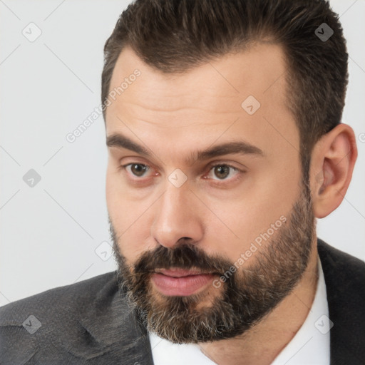 Neutral white young-adult male with short  brown hair and brown eyes