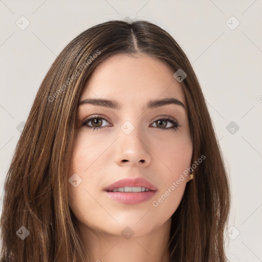 Neutral white young-adult female with long  brown hair and brown eyes