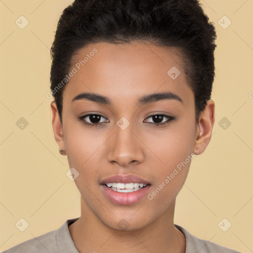 Joyful latino young-adult female with short  black hair and brown eyes