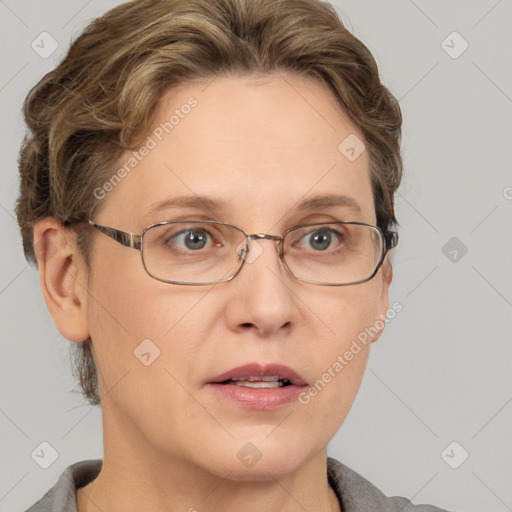 Joyful white adult female with short  brown hair and grey eyes