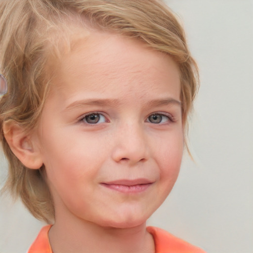 Joyful white child female with medium  blond hair and grey eyes