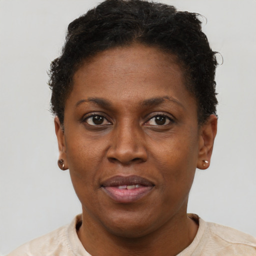 Neutral black young-adult female with short  brown hair and brown eyes