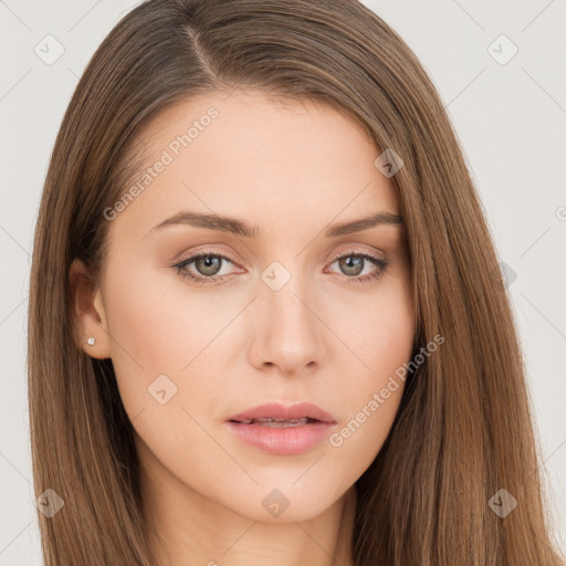 Neutral white young-adult female with long  brown hair and brown eyes