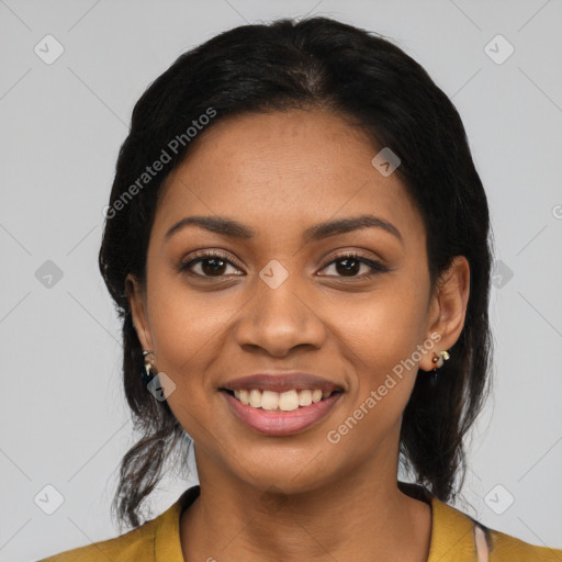 Joyful latino young-adult female with medium  black hair and brown eyes