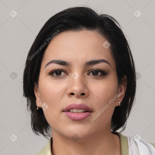 Joyful asian young-adult female with medium  black hair and brown eyes