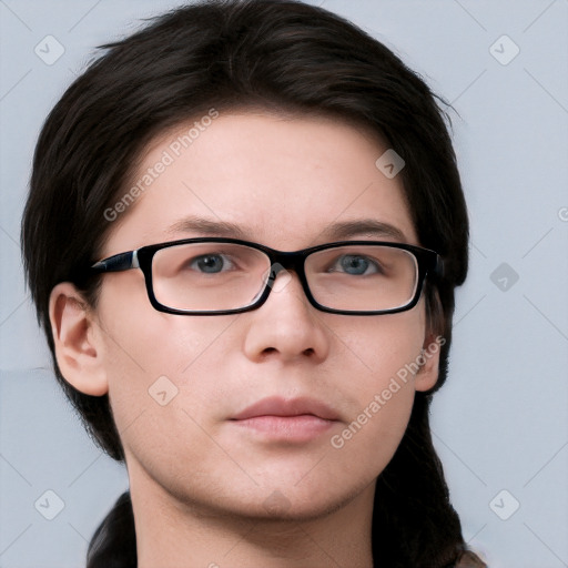 Neutral white young-adult female with short  brown hair and brown eyes