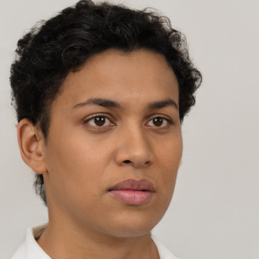 Neutral latino young-adult female with short  brown hair and brown eyes