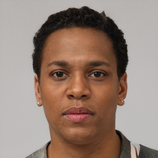 Neutral black adult male with short  brown hair and brown eyes