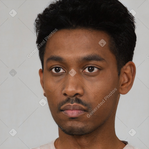Neutral black young-adult male with short  black hair and brown eyes