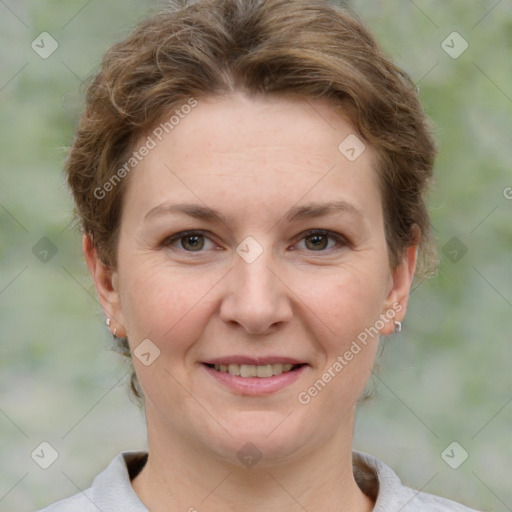 Joyful white adult female with short  brown hair and brown eyes