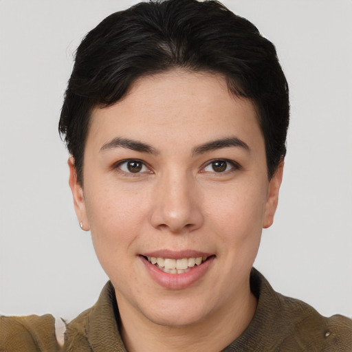 Joyful asian young-adult female with short  brown hair and brown eyes