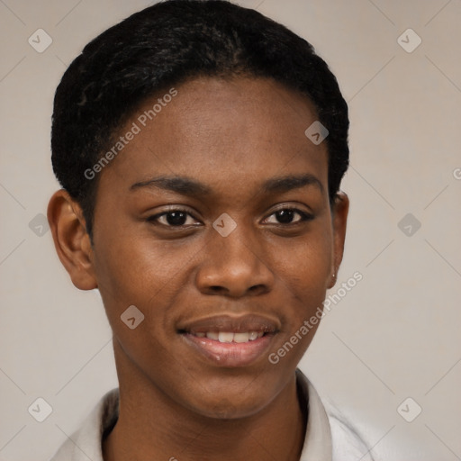 Joyful black young-adult female with short  black hair and brown eyes