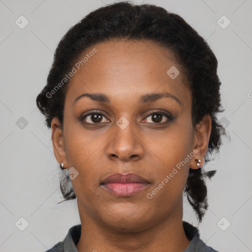 Neutral black young-adult female with short  brown hair and brown eyes